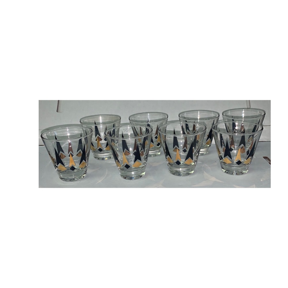 8 Anchor Hocking Golden Peaks Glasses Vintage Mid Century Modern MCM Rocks 2.75